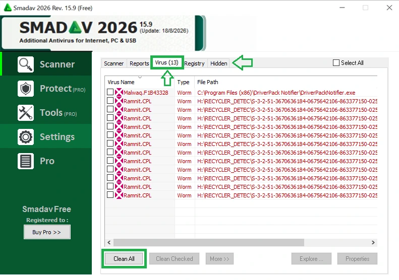 Détails résultats du scan avec SmadAV